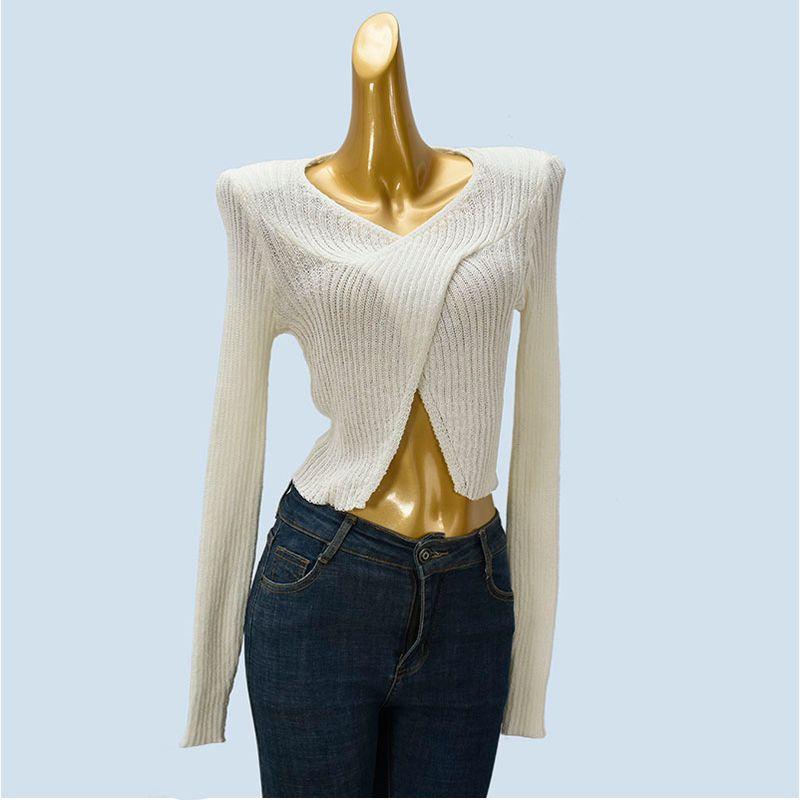 Chic and Beautiful Cross V-neck Sexy Knitwear Women's Autumn New Arrival Long Sleeves Short Inner Padded Shoulder Tops