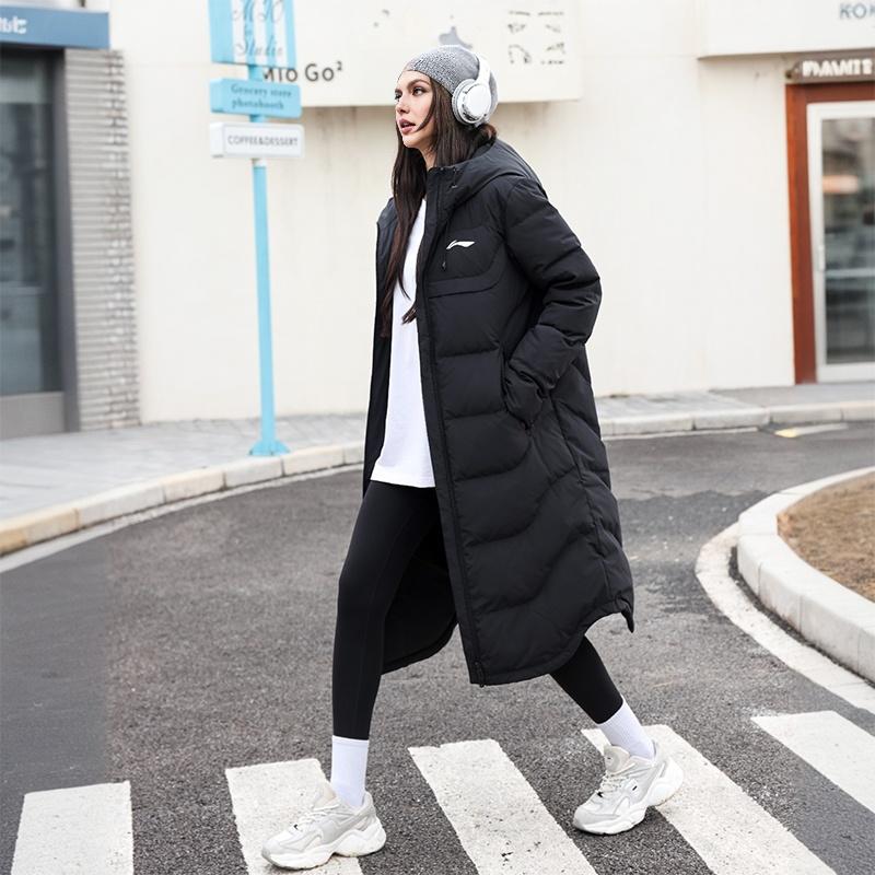Li Ning Fitness Series Windproof Warm Loose Solid Color Thick Long Hooded Down Jacket Unisex Outerwear Black YYMU151-1