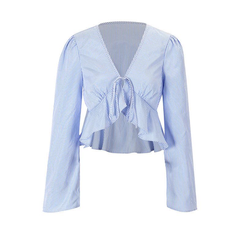 AD840 Autumn Blue Striped Tie-Front Flare Sleeve Women s Blouse Medium синий