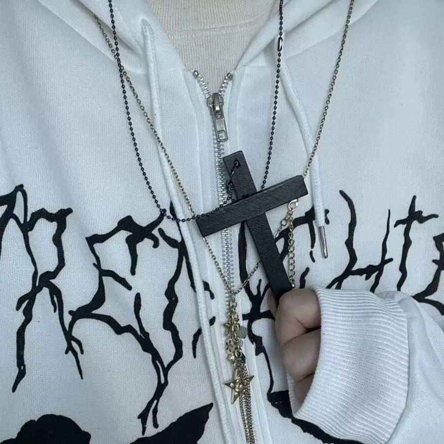 Trendy Cool Punk Gothic Wood Cross Pendant nNecklace for Women Men Vintage Black Hip Hop Y2k Necklace Party Jewelry Gift