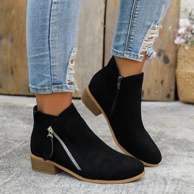 Women'S Fashionable Ankle Boots - Pointed Toe, Mid-Heel, Zipper Closure, All-Season Comfort, Fabric Upper/Insole/Shoe Pad, Non-Slip TPR Sole