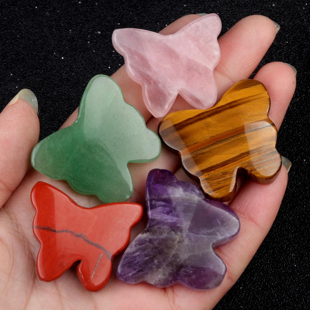 1Pc Reiki Healing Crystal Carved Butterfly Ornament Decoration,Natural Stone Gemstone Energy Generator for Home Decor Jewelry Gifts 32-35x26-30 Mm