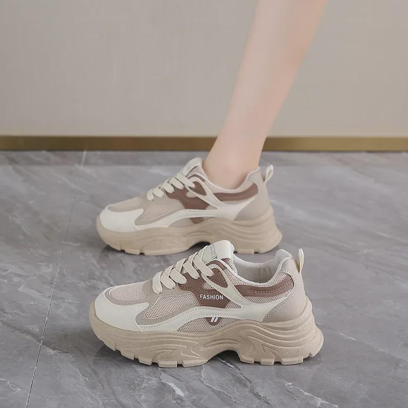 Women's 2024 Autumn Korean Style Thick-Soled Breathable Mesh Sneakers 