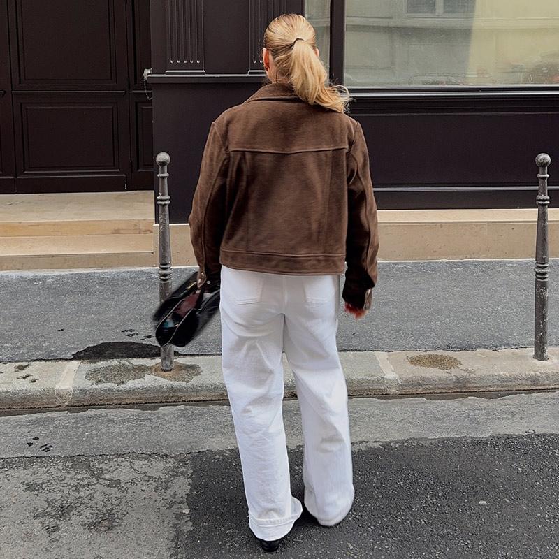 Dark Brown Faux Suede Jacket Women's Turndown Collar Single Breasted Short Jacket Windproof Warm Outerwear Retro Streetwear Autumn 2025