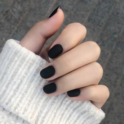 Short Black Removable Frosted Round Nail Tips with Wearable Jelly Glue