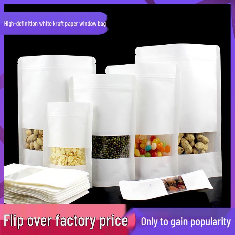 

Белый крафт-пакет с окошком - Многоразовый стоячий пакет для закусок и чая 9*14+3 white kraft paper window bag