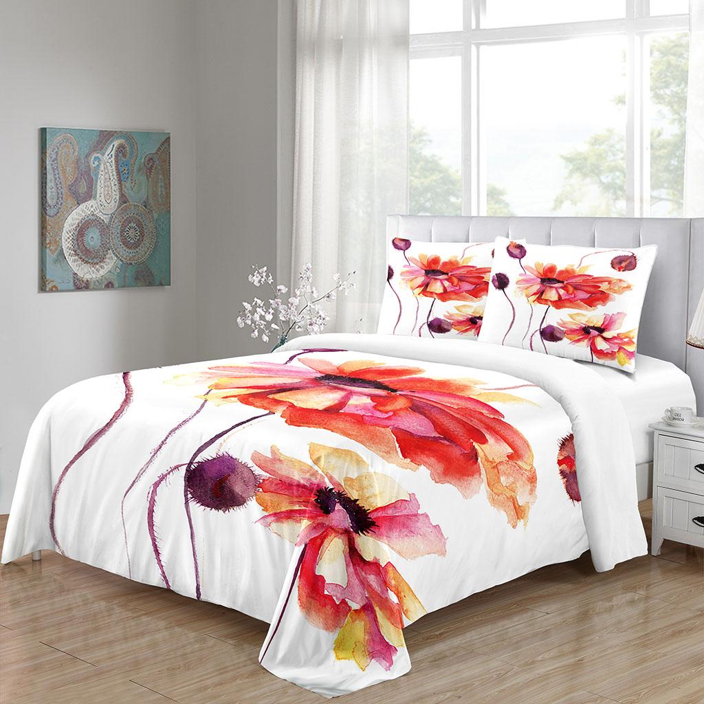 3D Bedding Collection Botanical Red Pink Flowers Duvet Quilt Cover Collection Comforter Cover Pillowcase King Queen Size Printed