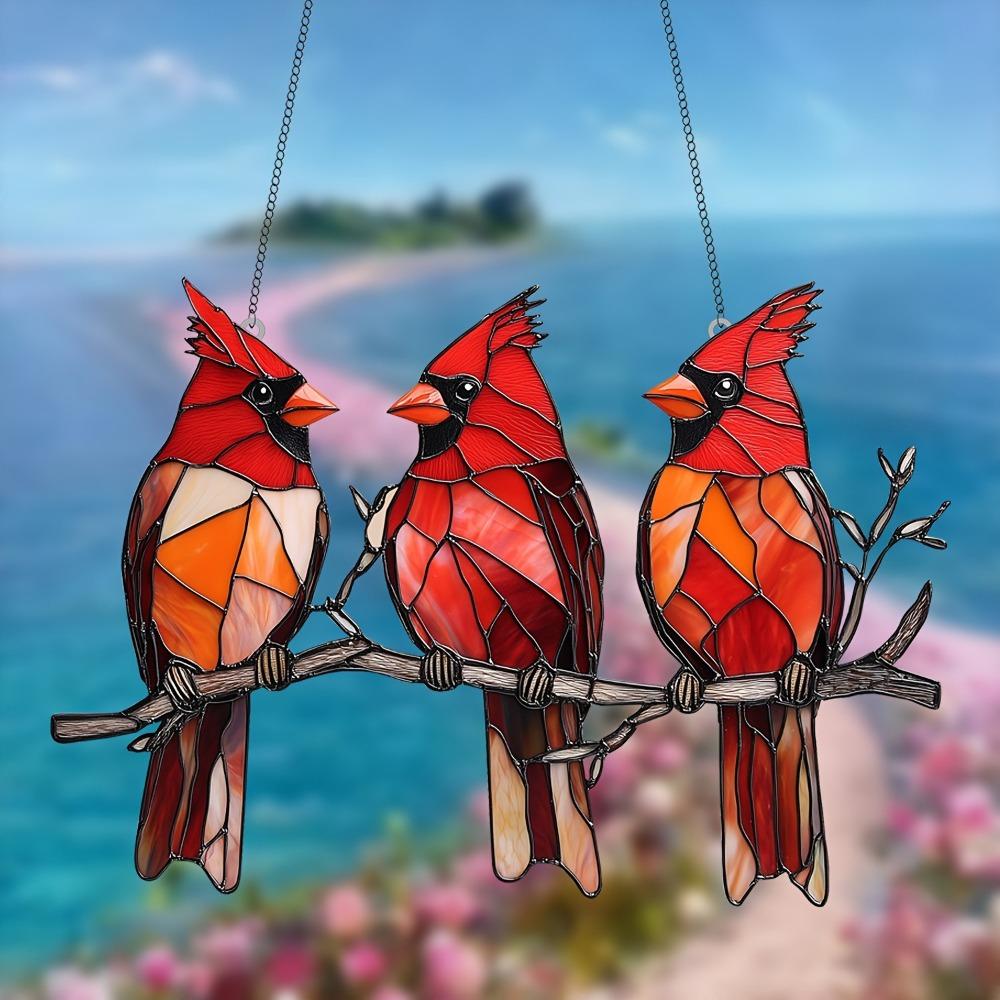 Red Bird Floral Wreath Window Hanging 7.9inch Pendant Decoration Garden Accessories