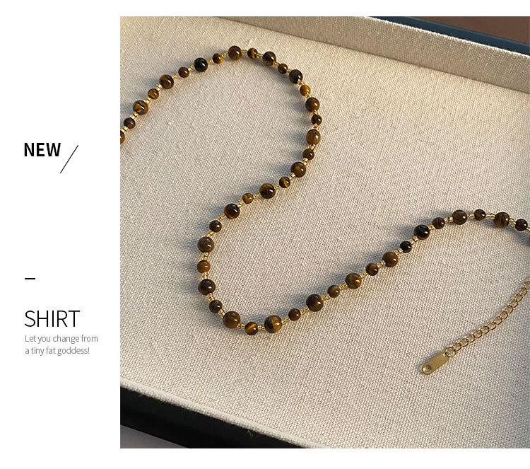 Retro Handgefertigte Perlenkette mit Tigerauge & Imitationsperle im Maillard-Stil