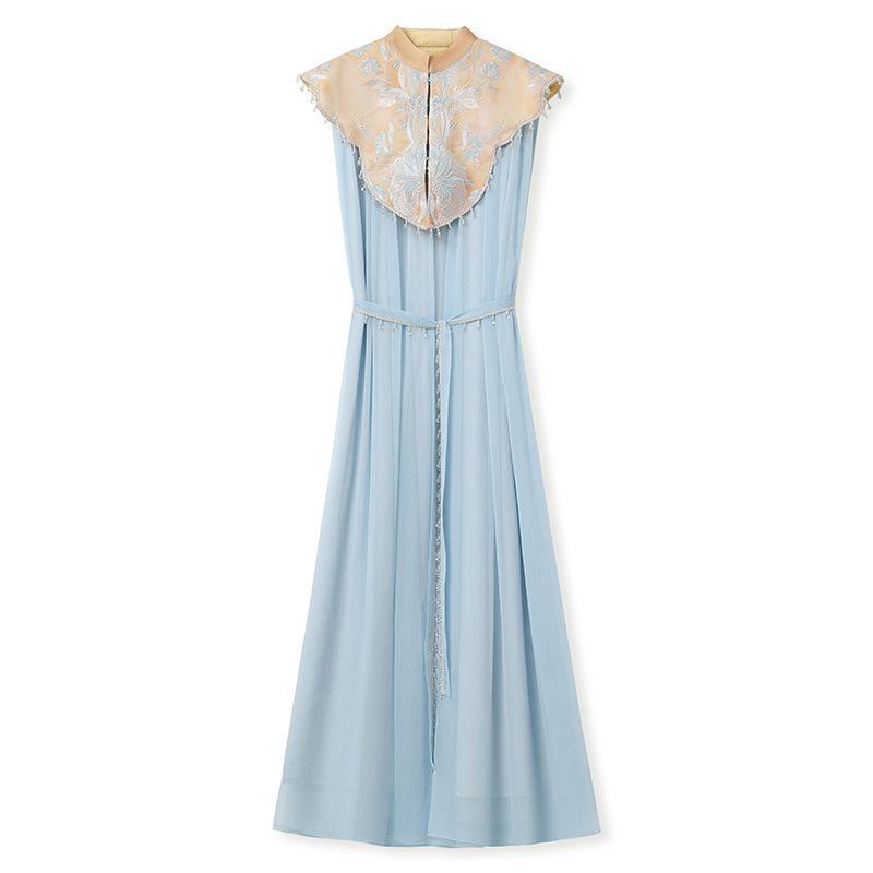 Women s Chinese Style Embroidered Long Dress - P0151: Elegant, Cloud Shoulder Design, Large Hem Small