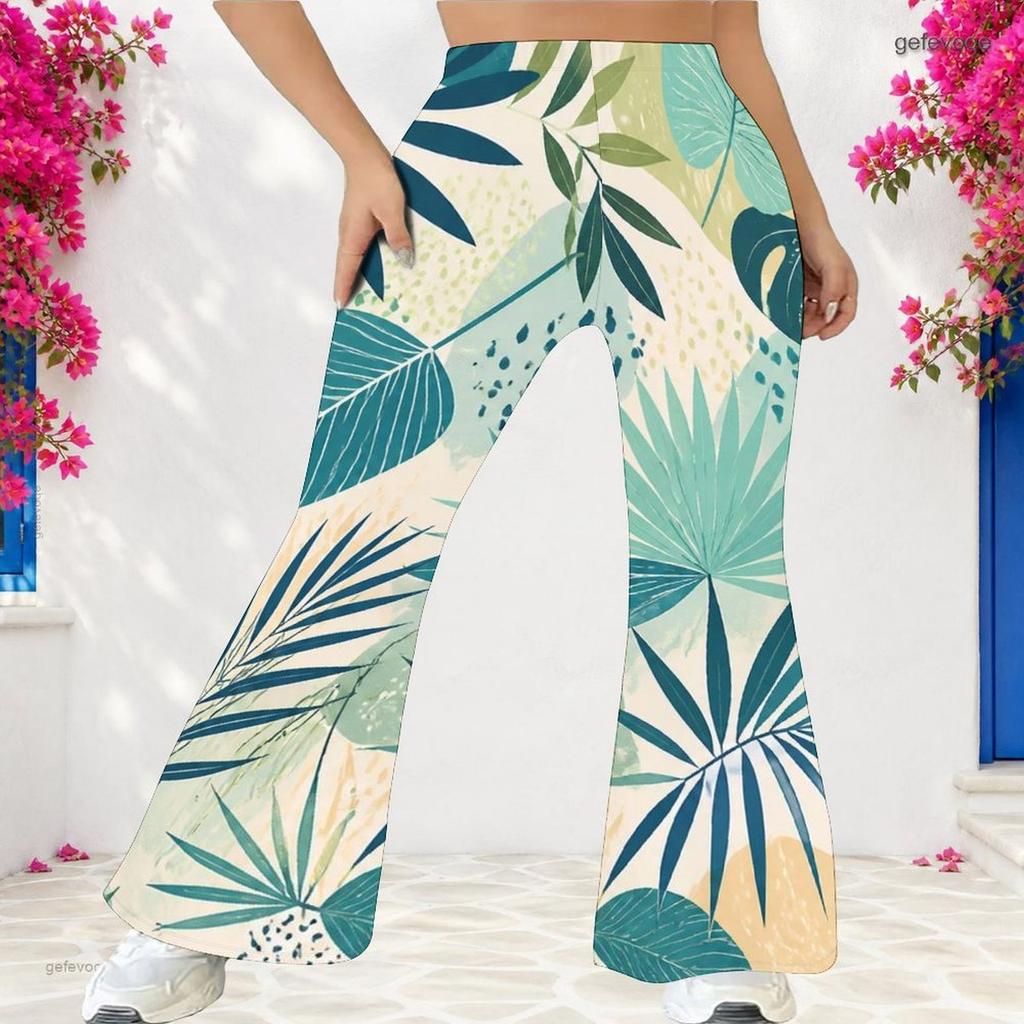 Pantalon évasé long taille haute pour femme grande taille avec imprimé feuilles tropicales