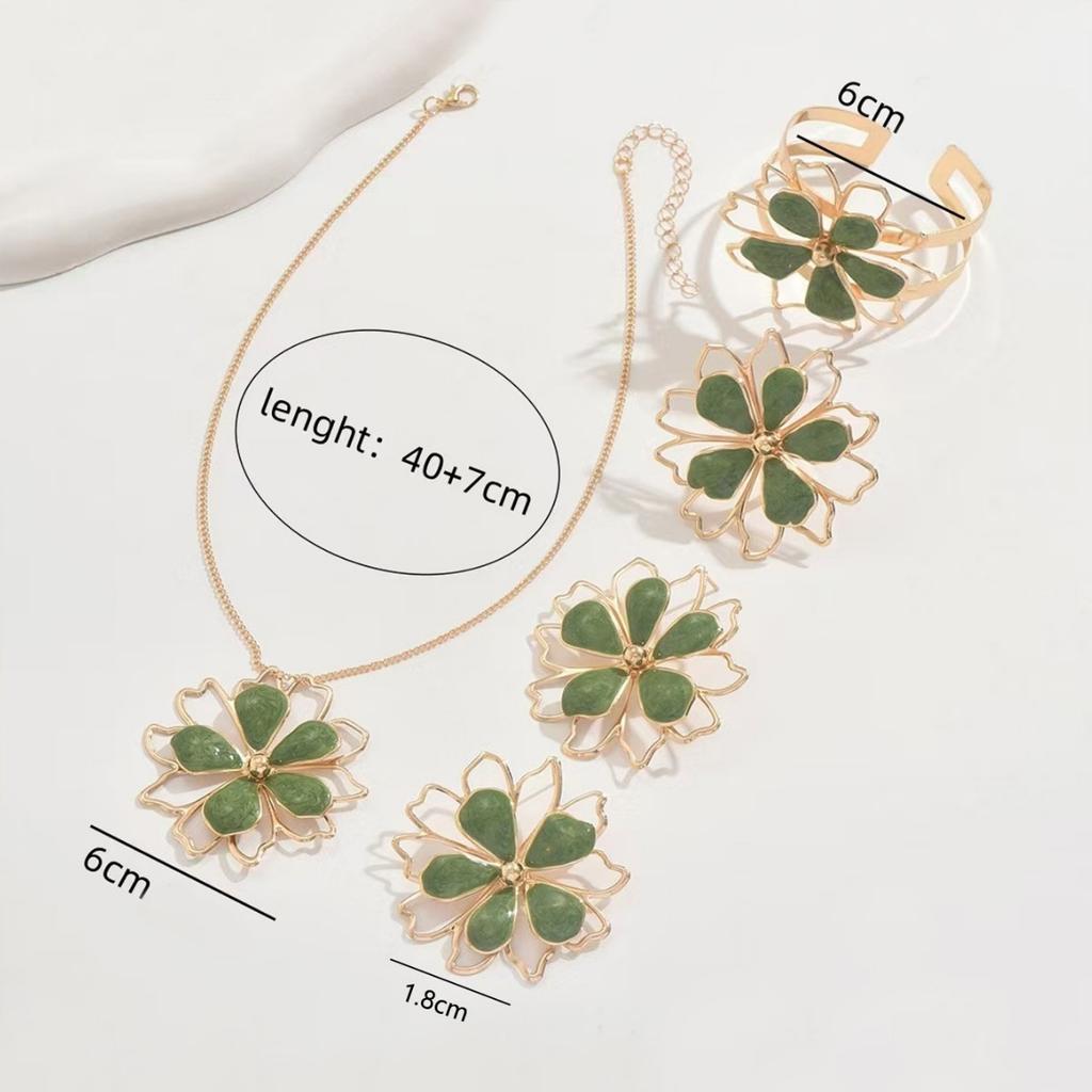 Metal Elegant Embossed Tropical Flower Bracelet, Ring, Earrings, Necklace Set for Women, Holiday Exquisite Temperament Jewelry
