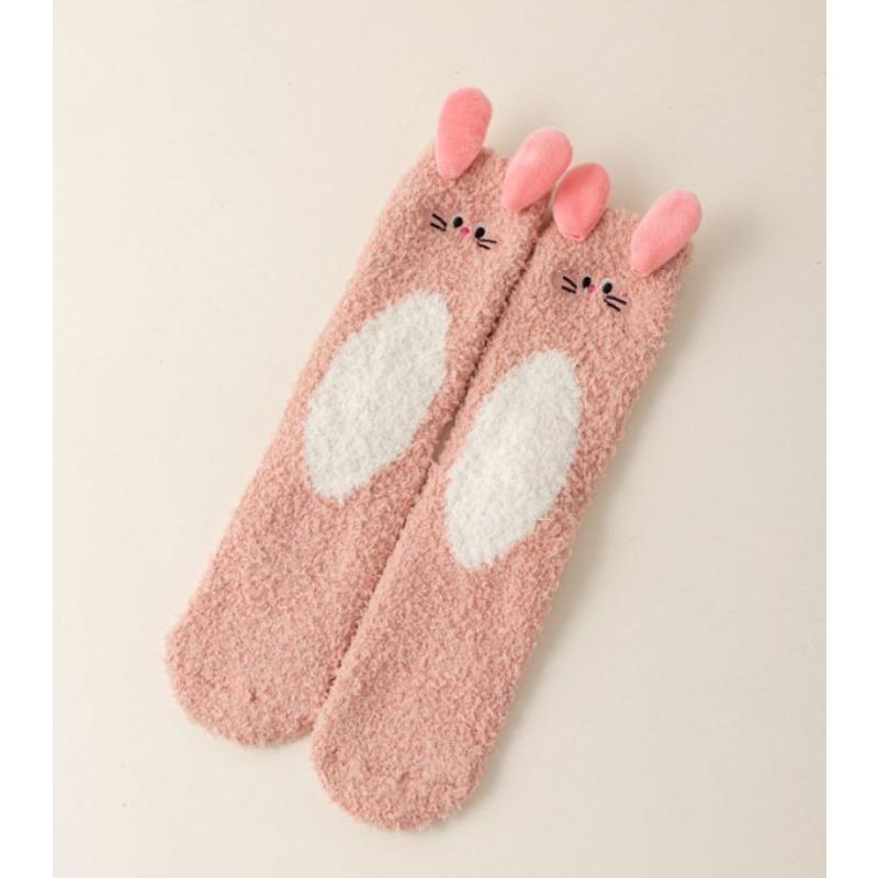 Autumn and Winter Coral Fleece Socks for Women, Three-dimensional Cartoon Animal Embroidery, Home Floor Socks, Thickened Half-fleece Mid-calf Socks
