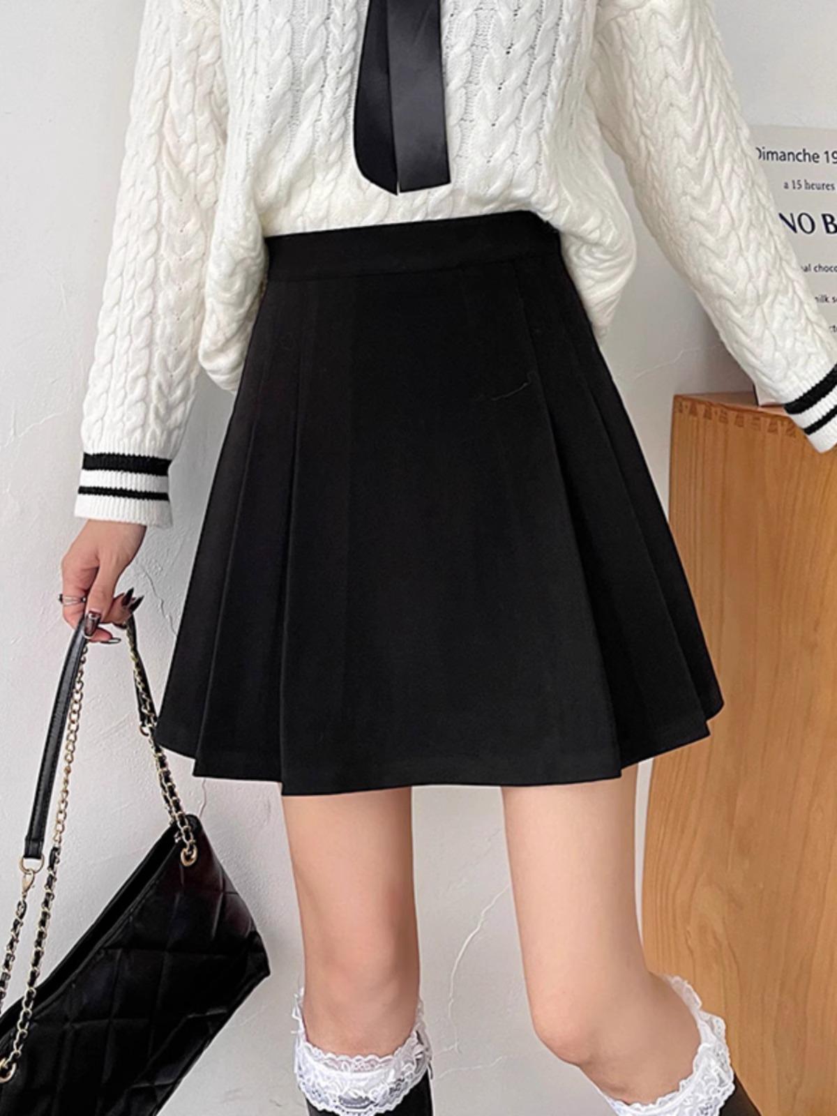 

Весна 2024 Черная юбка миди А-силуэта со складками и высокой талией для женщин - Корейский стиль, Большой размер, Приталенный крой S