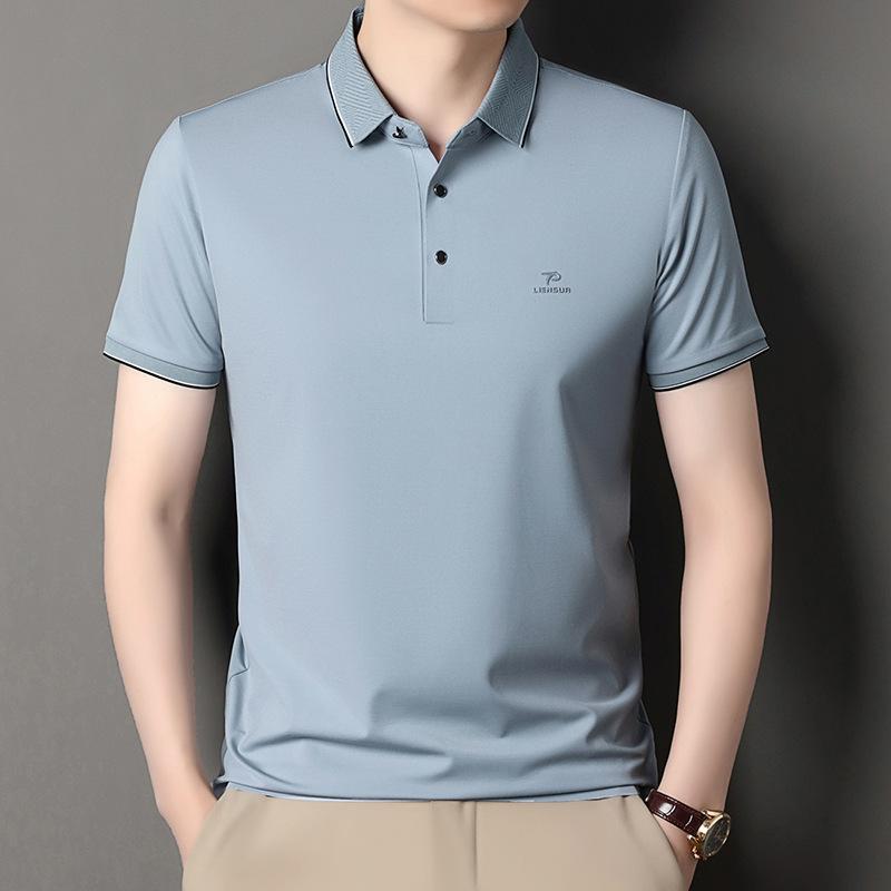 Short Sleeve Polo Men'S Short Sleeve Lapel Solid Color Loose T-Shirt Machine Washable Clothes Ice Silk High-End Clothing