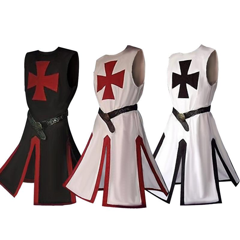 Mens Medieval Crusader Knights Templar Tunic Cosplay Costumes Renaissance Halloween Surcoat Warrior Cloak Tops Belt