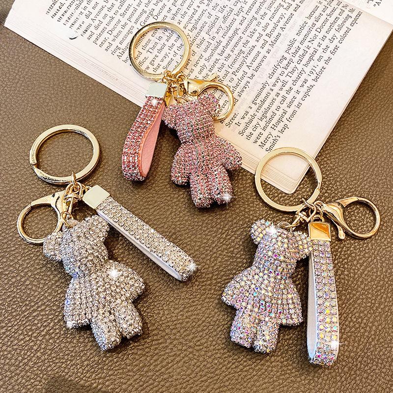 Handmade Rhinestone Bear Pendant for Women Bag Men Car Accessories Girl Gift Anime Animal Metal Bag Charm