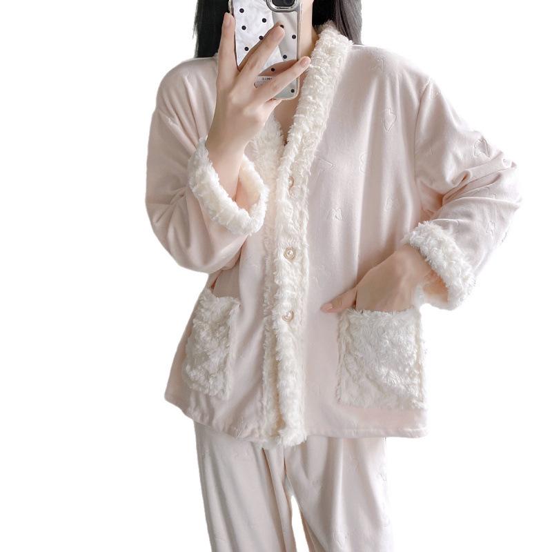 Women's Rose Fleece Pajama Set - Long Sleeve & Pants, Autumn/Winter Style