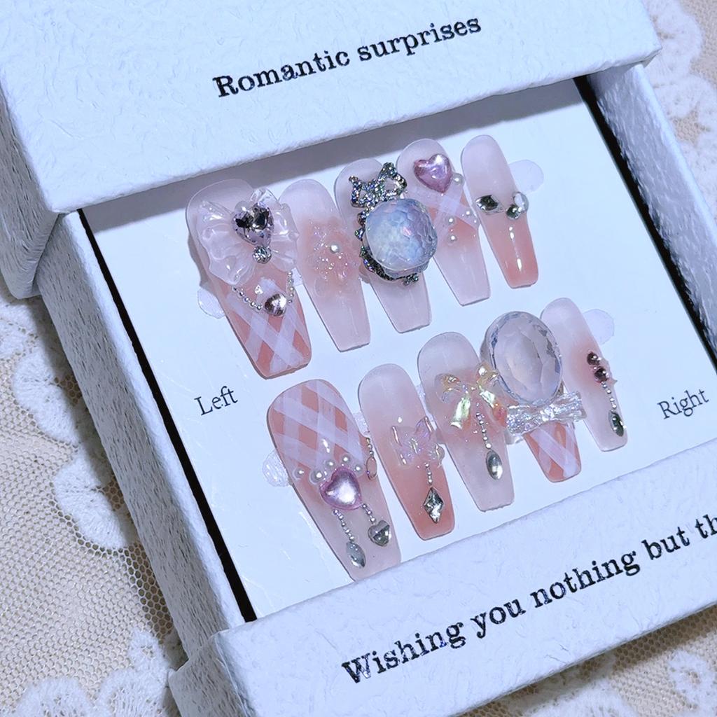 10Pcs Artificial Nails With Plaid Bowknot Pearl Heart Rhinestone Handmade Design For Women