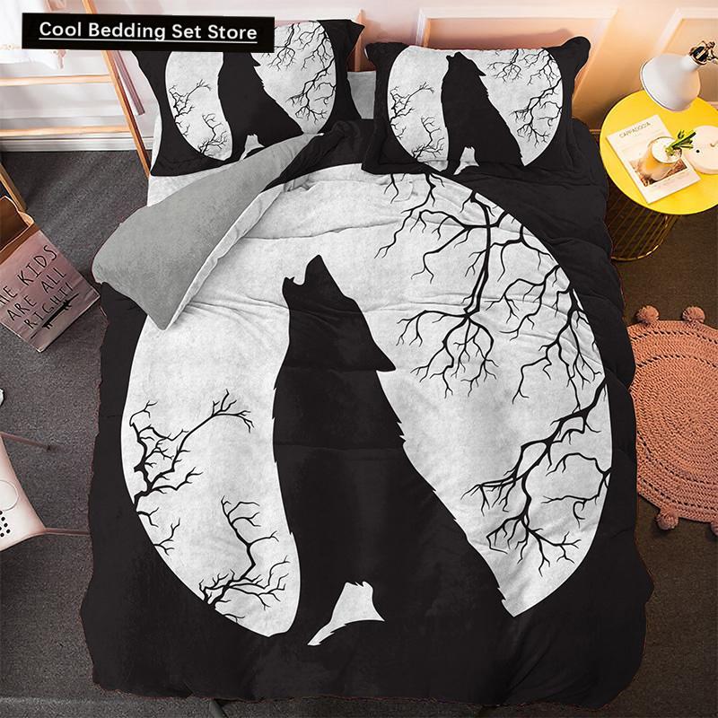 Bettwäscheset mit Weißwolf-Muster Tier Bettbezug Queen King Full Size Bettwäscheset Herren Weiche Polyester Bettdeckenbezug Schwarz Grau