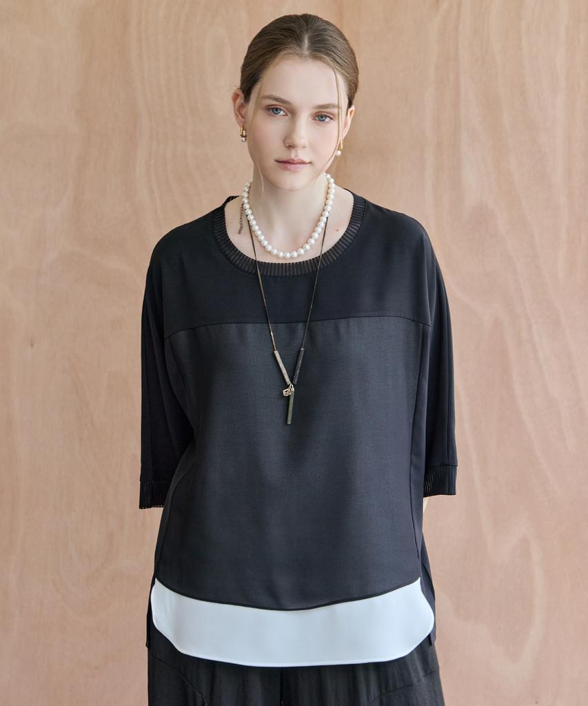 M.GRAF Chiffon Layered Color Block Short Sleeve Loose Fit Blouse