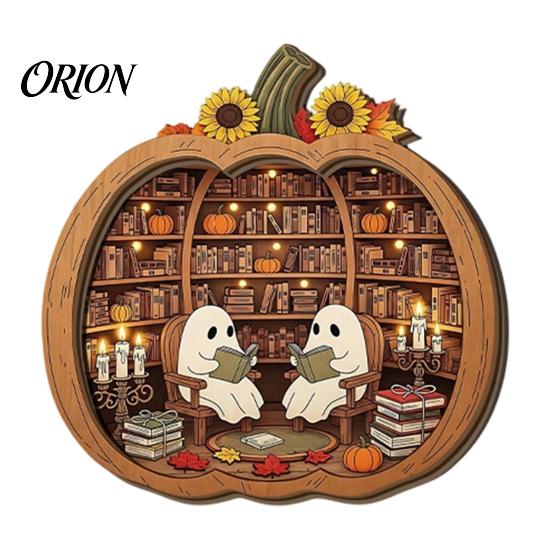 Cute Ghost Reading Figurines Halloween Wooden Tabletop Ornament, 2D Flat Bathing Harvest Season Room Decor Watering Plaque with Stand for Home Shelf,