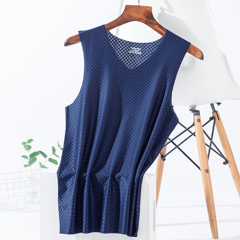Men's Plaid Ice Silk Sleeveless Quick-Dry Tank Top - Breathable, Seamless Sports Fitness Undershirt for Summer.
