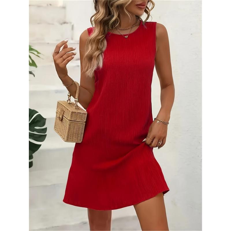 Summer new solid color round neck sleeveless dress for women