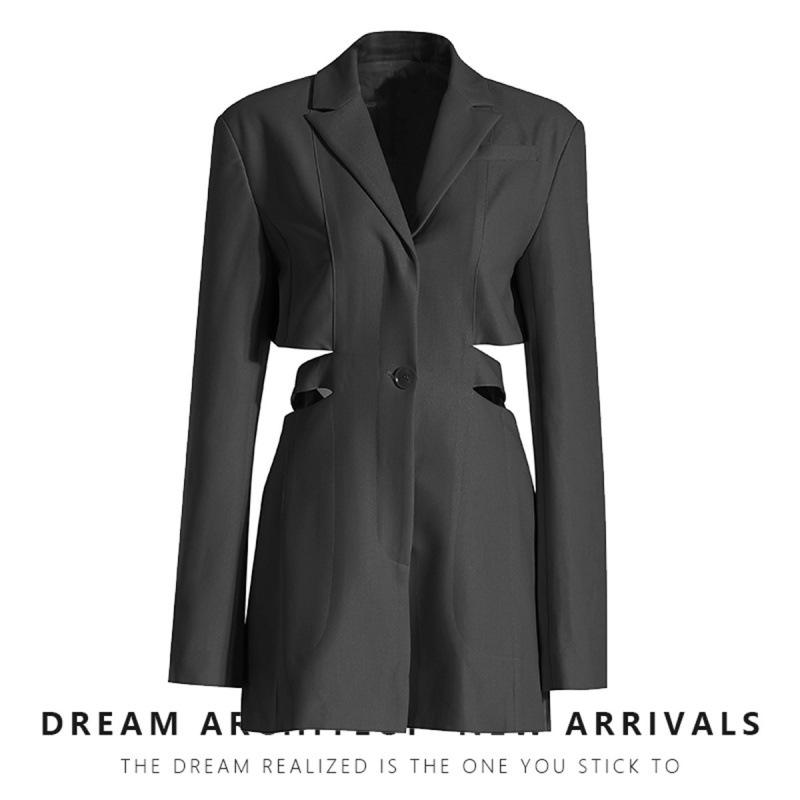 Elegant Designer Hollowed-Out Waist Slim-Fit One-Button Little Black Suit Dress
