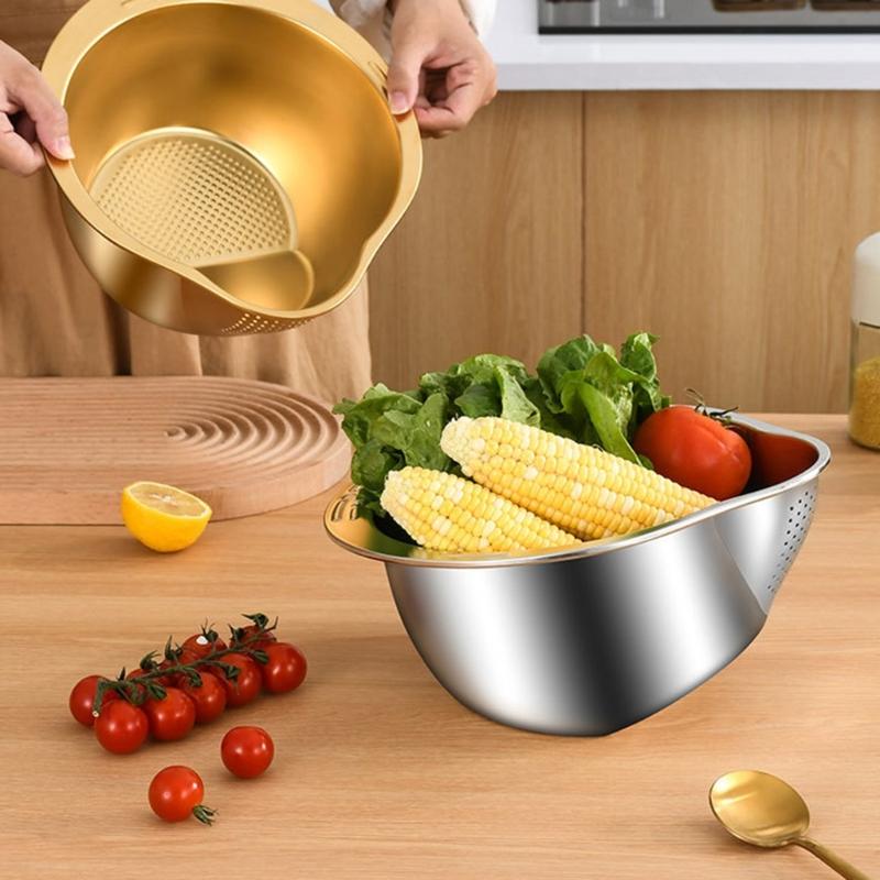 Easy To Store Rice Washing And Draining Tool Multipurpose Stainless Steel Strainer Bowl for Rice and Vegetable Draining