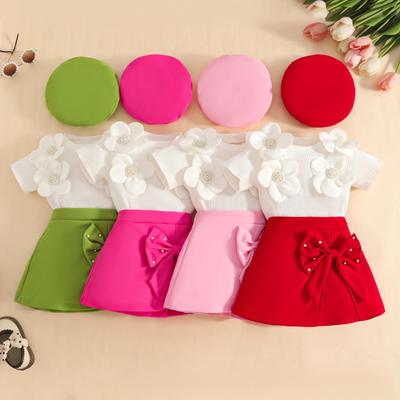 2026 Summer Baby Girl Floral Ribbed Top, Bow Skirt & Beret Set