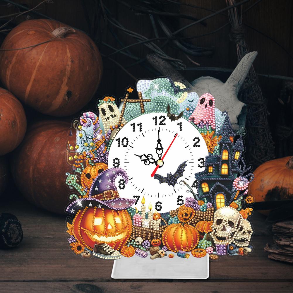 Acrylic Special Shaped Halloween Pumpkin DIY Crystal Diamond Clock Kit Diamond Painting Clock Handicraft for Home Table Decor