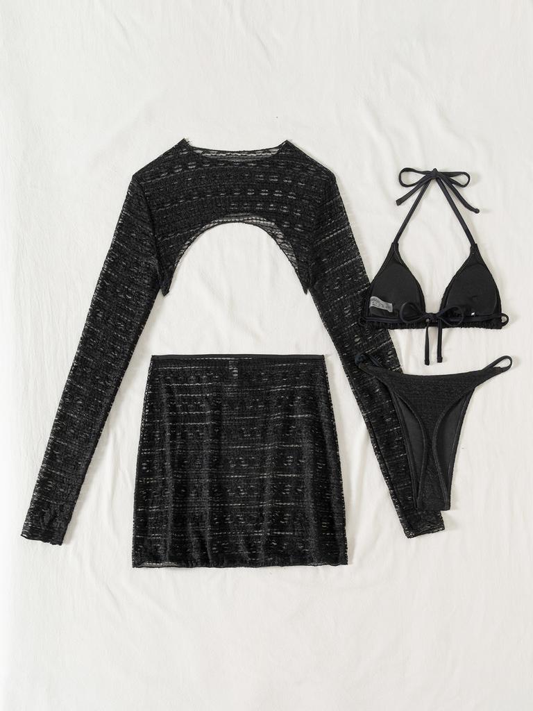 Long Sleeve Split Blouse Four-Piece Set Sexy Bikini Swimsuit for Women