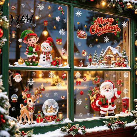 Outdoor Festive Glass Decorations Christmas Window Cling, PVC Waterproof Santa Claus/ Elf Snowman/Elk/House Stickers, Reusable Seasonal Home Ornaments