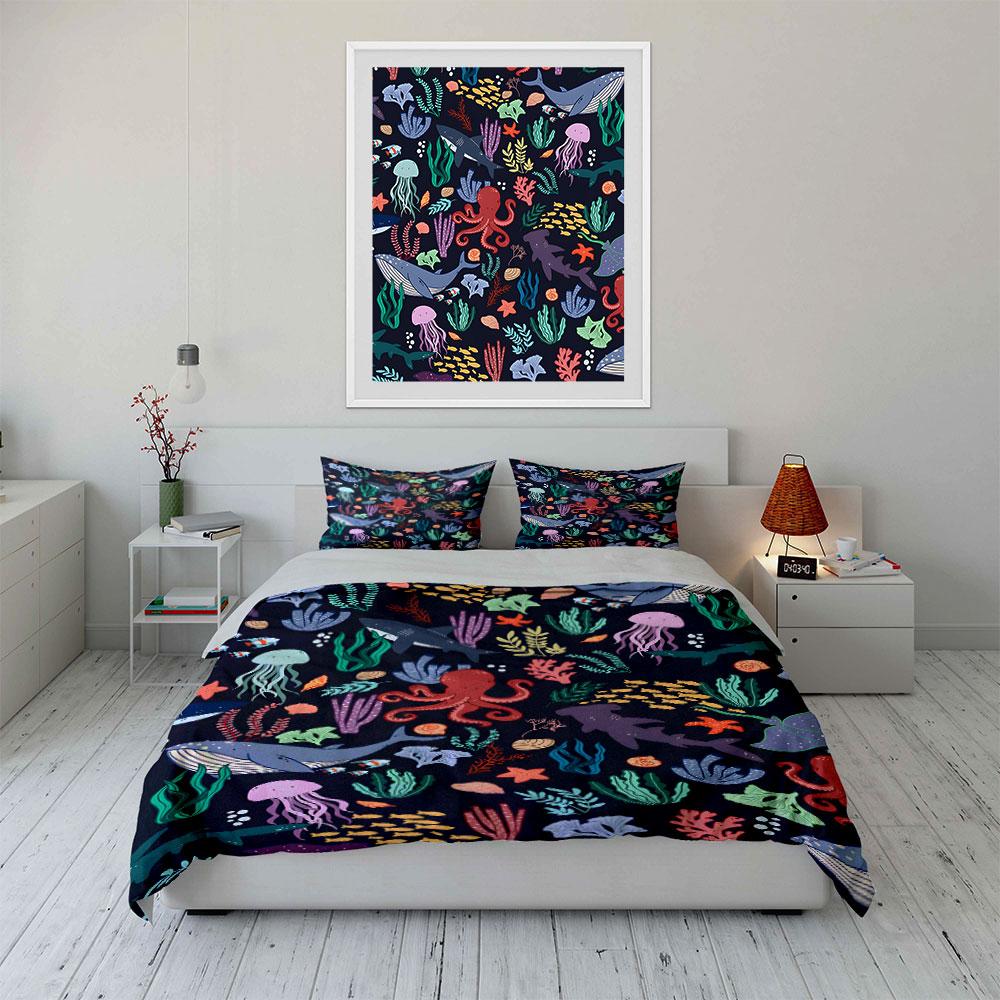Ocean Animals and Coral Pattern Print Bedding Set 1 Duvet Cover 2 Pillowcases for Adult and Children Luxury Gift Full Size