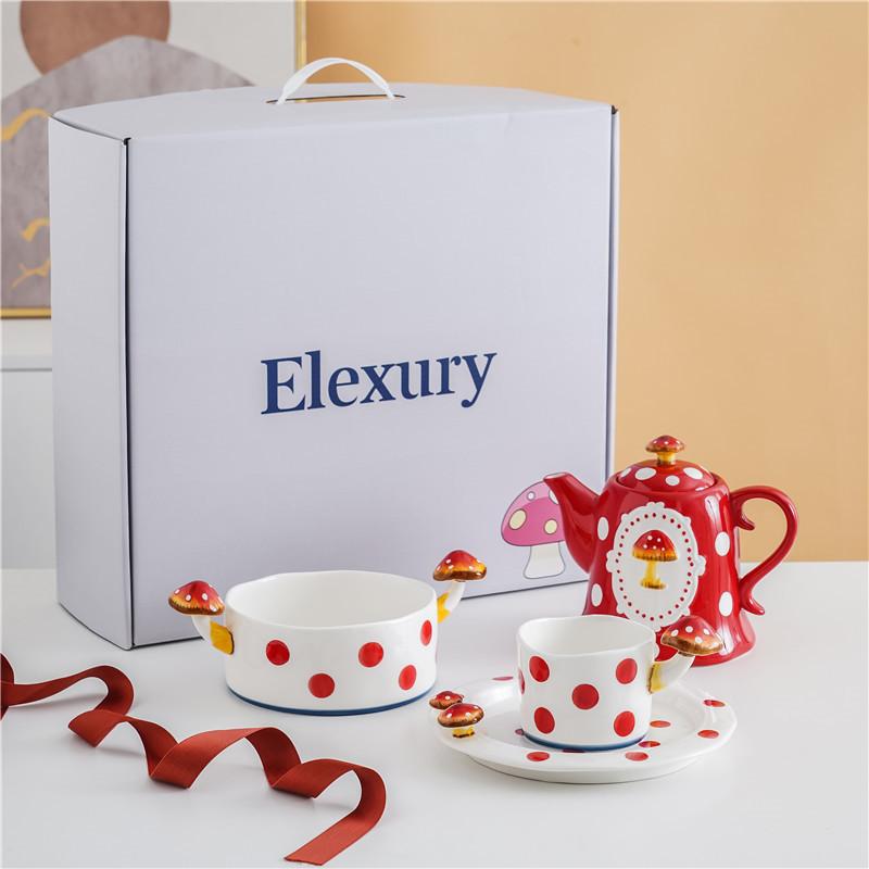 Japanese Mushroom Internet Celebrity Water Cup Wind Teapot Teacup Ceramic Instant Noodle Bowl Dessert Plate High Value Tea Set