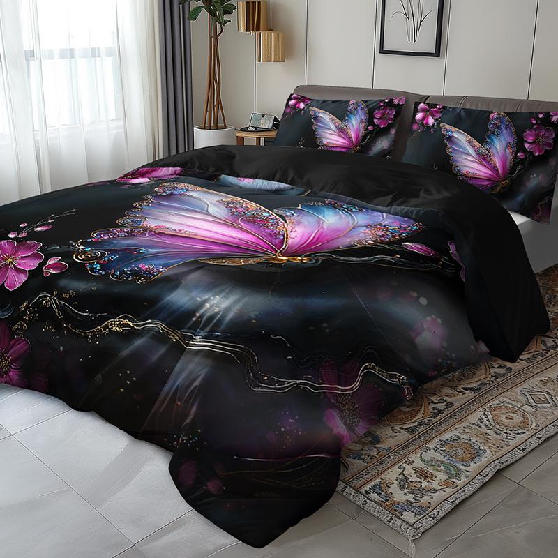 3pcs Butterfly Floral Bedding Set - Elegant Purple Pink Black Golden Duvet Cover Set with Zipper Closure, All-Season