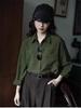 Women's Retro Hong Kong Style Green Cotton-Linen Long Sleeve Shirt, Slim Fit for Spring and Autumn