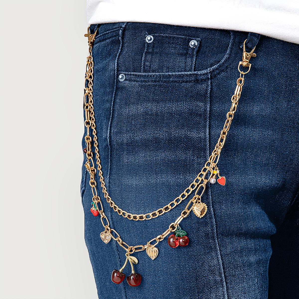 

1 exquisite and cute simulated cherry bow heart-shaped pendant, double-layer women s jeans chain, versatile body chain