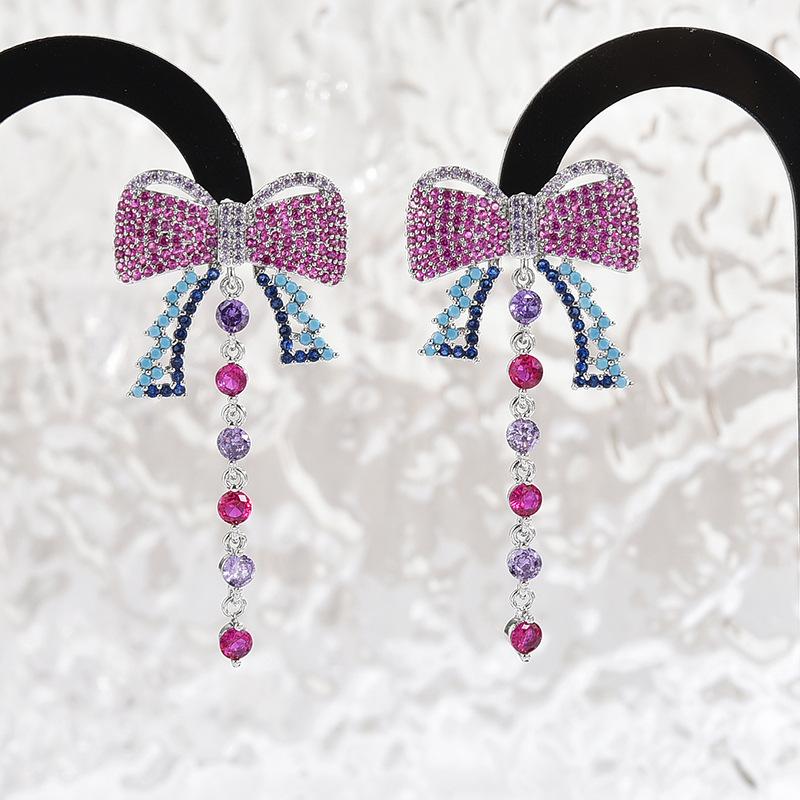 

Серьги французского дизайна, легкие, роскошные, модные серьги, цветные, циркониевые, бантовые, серьги с бахромой фиолетовый