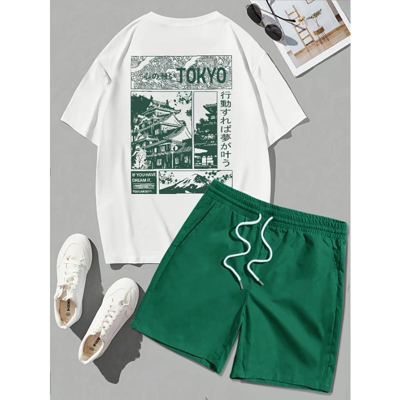 Men s suit #English TOKYO printed short-sleeved T-shirt + drawstring waist beach pants two-piece set S