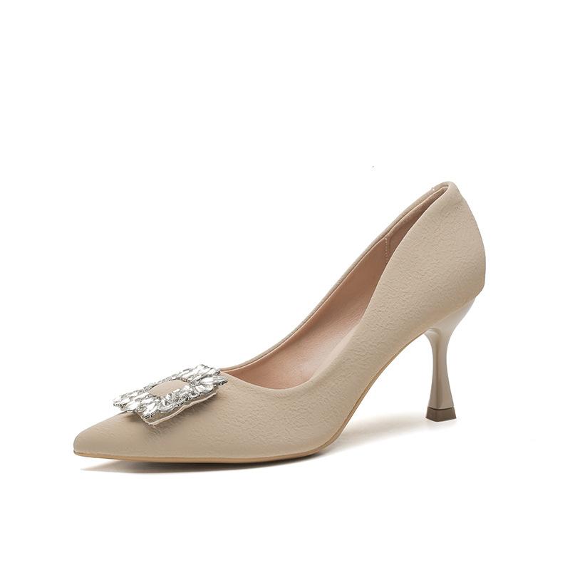 French high heels women's spring and summer new temperament soft leather non-grinding feet pointed thin heel rhinestone square buckle shoes