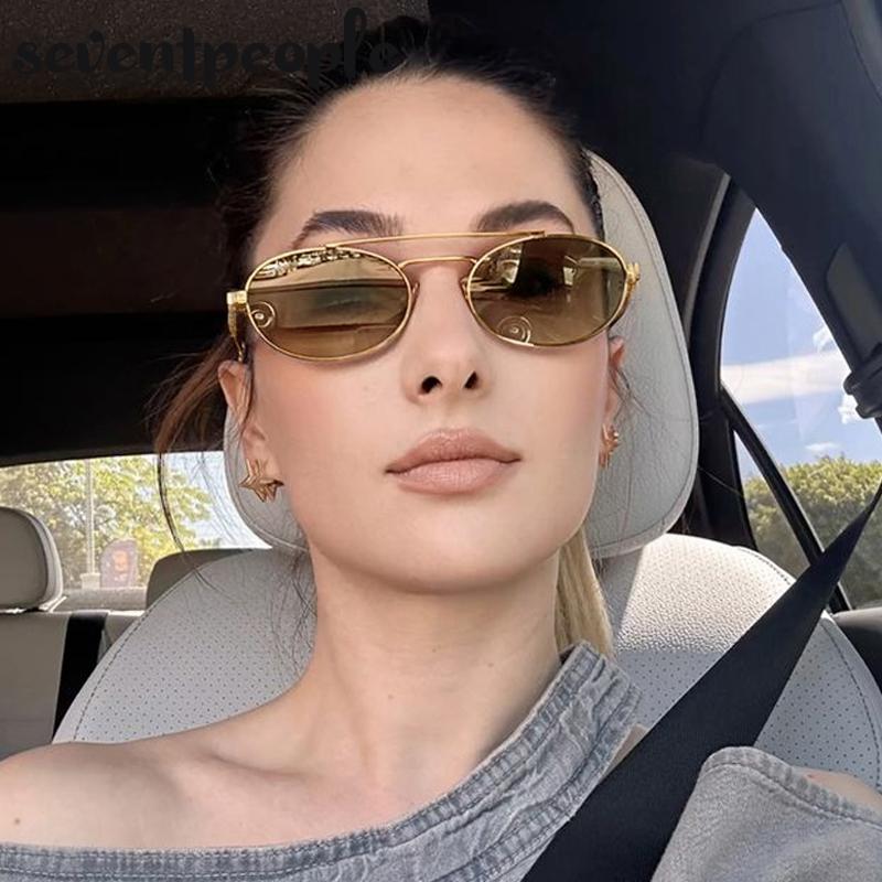 Small Oval Metal Frame Steampunk Sunglasses For Women  Luxury Brand Vintage Double Beam Shades Classic Round Punk Eyewear