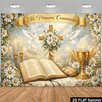 2D First Communion Backdrop Mi Primera Comunión Bible Dove Party Photo Banner