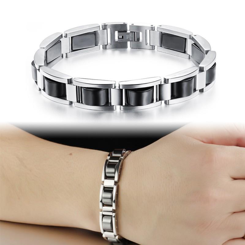 Mens Minimalist Magnetic Titanium Steel Bracelet With Removable Black Hematite Beads Geometric Design