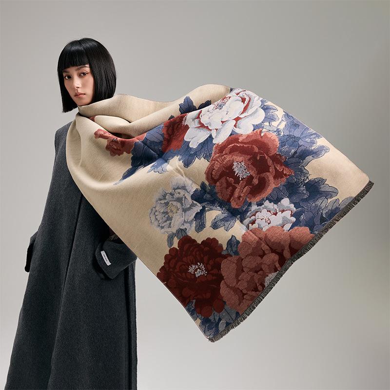 Scarf Imitation Cashmere Peony Print High-End Temperament Contrasting Colors Autumn And Winter Double-Sided Scarf Scarf Scarf