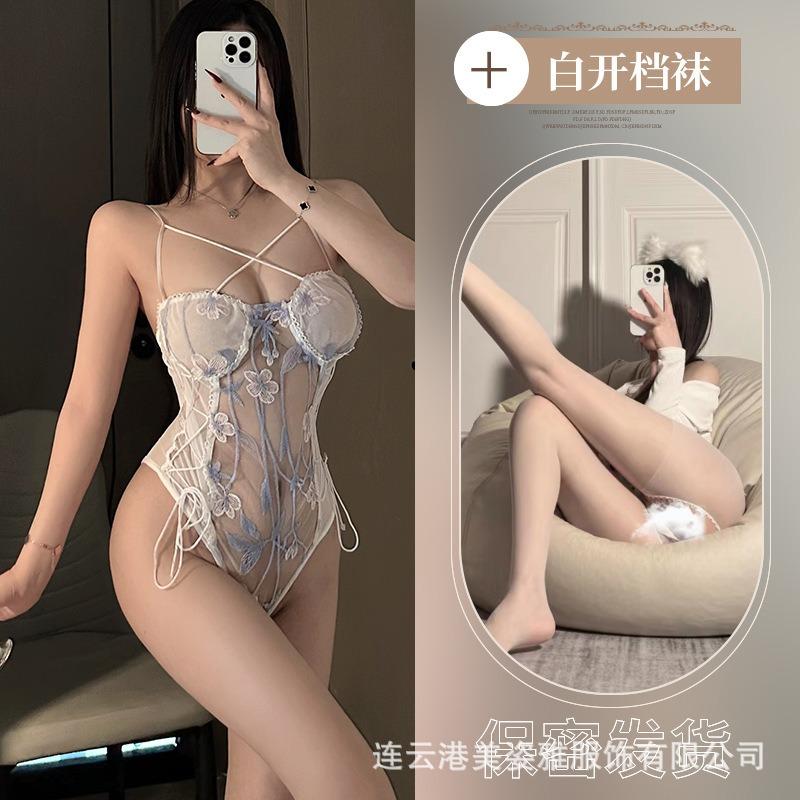 Sexy Spice Girl Neck Breast Mesh Lace-up Heavy Industry Embroidery Perspective Onesie Bottom Top Sex Women