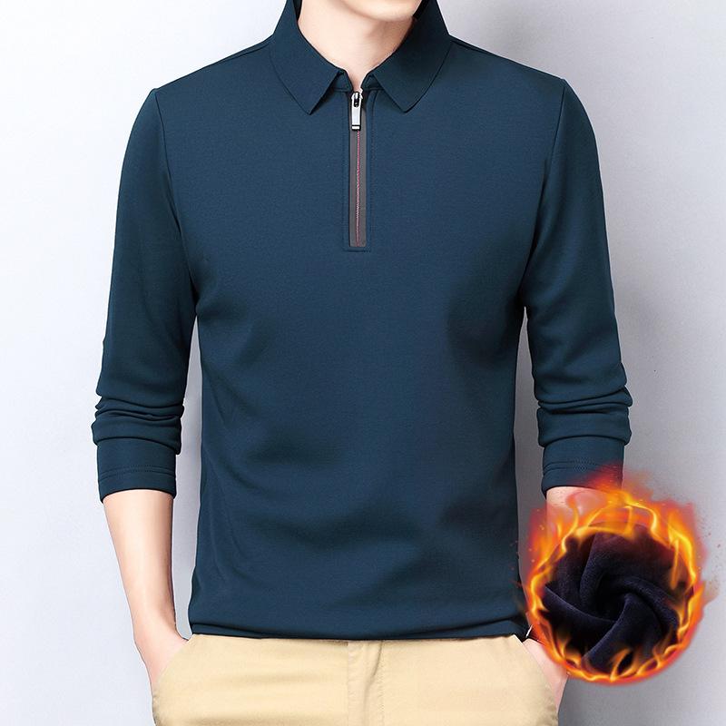 Men's Autumn and Winter Fleece Thickened Stand-up Collar Zipper Long-sleeved Shirt with Long-sleeved Shirt Warm Business T-shirt