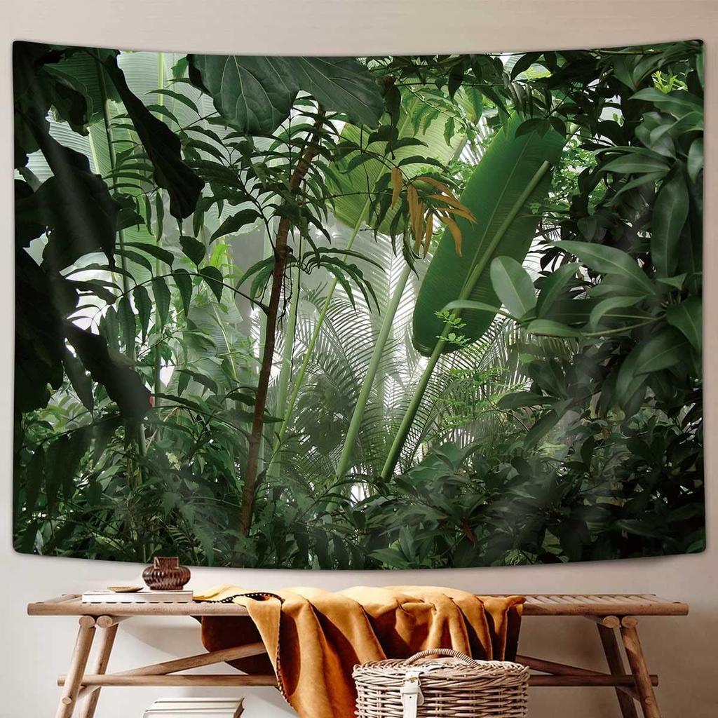Green Plant Tapestry, Aesthetic Banana Palm Tree Leaves Wall Hanging for Bedroom, Tropical Forest College Dorm Home Decor