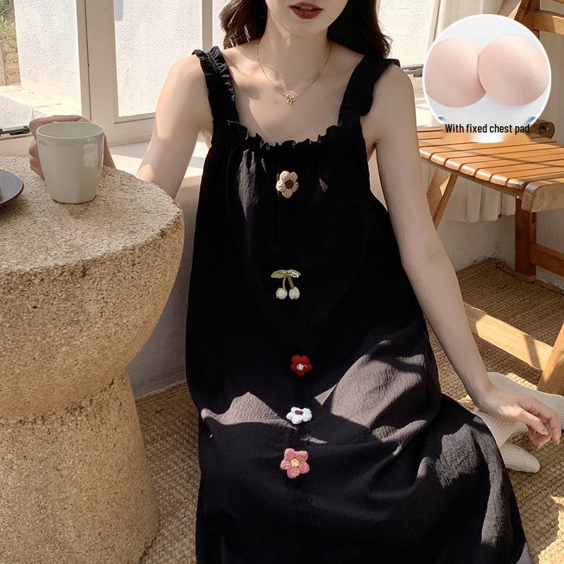 2026 Summer Princess Style Woven Cloud Cotton Camisole Nightgown with Chest Pads - Long Skirt, Square Neck.